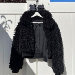 Urban outfitters black fuzzy bomber cropped jacket